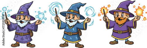 Cartoon wizards in colorful robes casting magical spells with wands, featuring stars, moons, and fiery effects in fantasy illustrationCartoon wizards in colorful robes casting magical 
