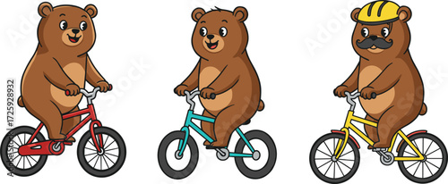 Cute cartoon bears happily riding colorful bicycles together with one bear wearing helmet and mustache for fun cycling illustration vectorCute cartoon bears happily riding colorful 