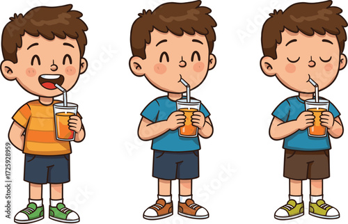 Cute cartoon boy drinking juice with straw, happy child character illustration set, kids enjoying orange drink in different posesCute cartoon boy drinking juice with straw,