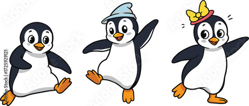 Cute Dancing Penguins in Winter Hats – Fun Cartoon Animals for Kids, Holiday Celebration, Joyful Movement, Vector Illustration for Stock UseCute Dancing Penguins in Winter Hats – Fun 