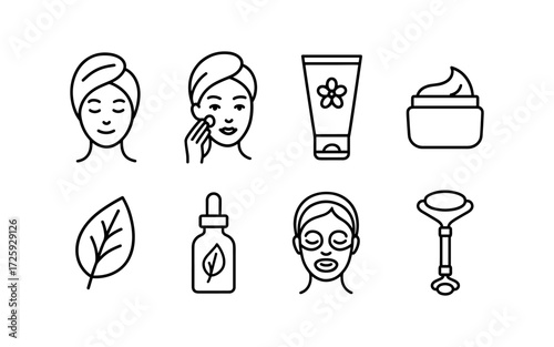 Set of black line icons illustrating skincare and beauty routine elements.