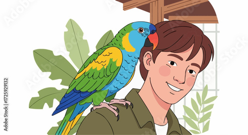 World animal day  man with parrot pet bird perched on shoulder vector illustration exotic bird owner tropical bird friendship vector