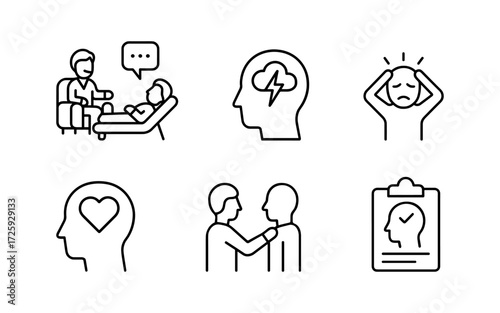 Set of black line icons illustrating psychological therapy and mental health support.