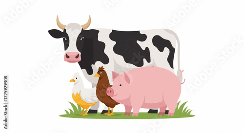 World animal day  farm animals illustration featuring cow, pig, chicken, and hen for educational resources and children's books vector
