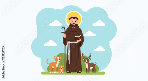 World animal day  saint francis of assisi illustration vector art, catholic saint with animals, dog, deer, nature background vector