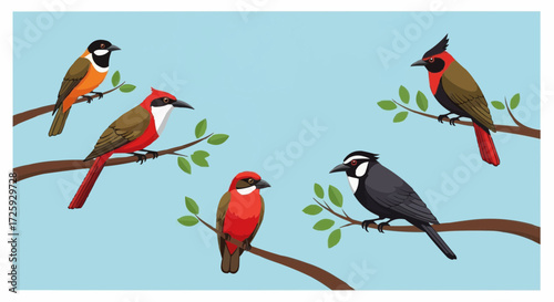 World animal day  colorful bird species perched on tree branches illustration birdwatching and wildlife art design vector image vector