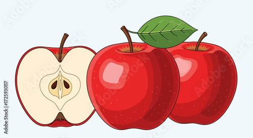 Three red apples, one sliced open to reveal the core and seeds.