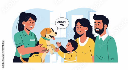 World animal day  dog adoption family adopting a pet from shelter happy family adopting dog adopt a dog pet adoption concept vector