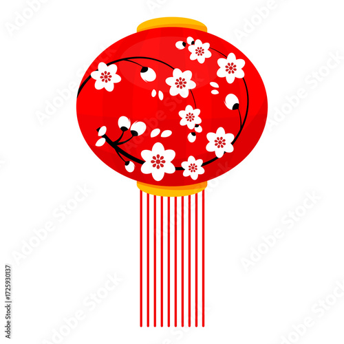 Red Chinese round lantern with cherry blossom branches for Chinese New Year