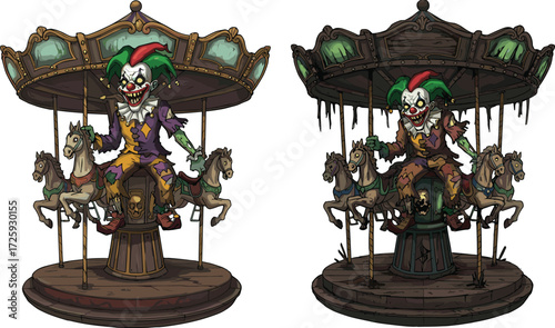 carousel, clown, horror, creepy, amusement, ride, sinister, decay, haunted, theme park, scary, evil, circus, spooky, vintage, illustration, Halloween, comic style, transformation, nightmare