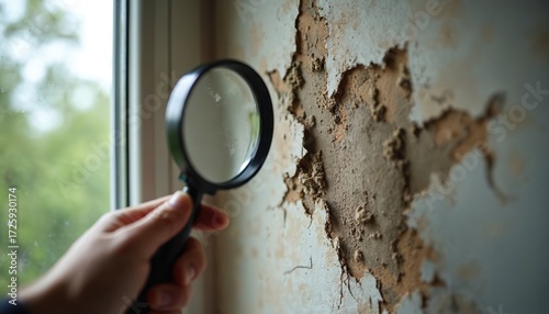 Hand holds magnifying glass examining damaged wall with peeling paint. Close-up view reveals texture and extent of decay. Essential for home inspection, mold identification, and remediation planning.
