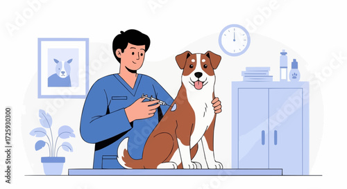World animal day  dog vaccination at veterinarian clinic professional vet giving injection to pet animal health care concept vector