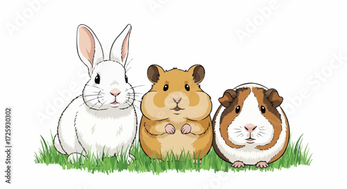World animal day  cute cartoon pets illustration featuring a rabbit hamster and guinea pig in a grassy field drawing art vector