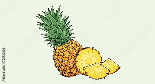 A whole and sliced pineapple, vibrant yellow and green, displayed in a flat lay style.