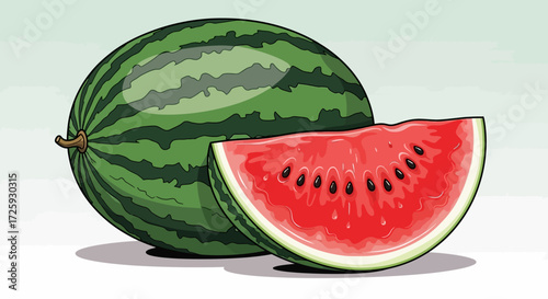 A whole and a slice of vibrant watermelon, displayed against a soft background.