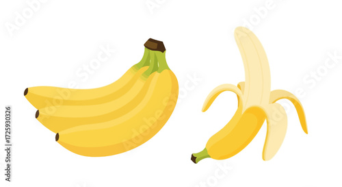 Illustration of a bunch of yellow bananas and a peeled banana on a white background.