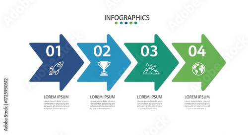 Infographic with four steps represented by arrows, icons, and text placeholders isolated on transparent background