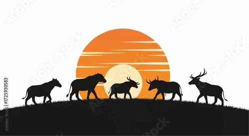 World animal day  silhouette animals wildlife illustration at sunset, african safari animals, nature background, landscape scene vector