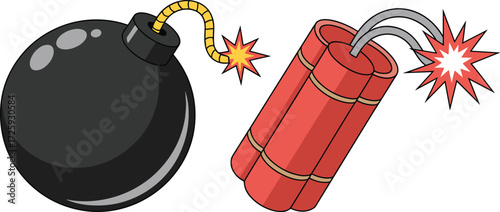 Cartoon black round bomb with burning fuse and red dynamite sticks with spark explosion danger isolated vector illustration for warning design