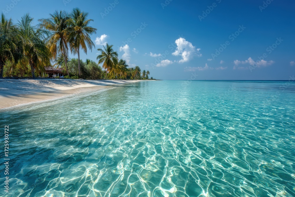 Fototapeta premium Crystal clear turquoise ocean water lapping onto a white sand beach with palm trees