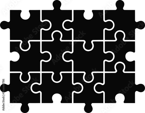 Black puzzle grid, jigsaw silhouette, interlocking pieces, abstract connectors, minimal design, problem solving, visual logic, white background, shape layout