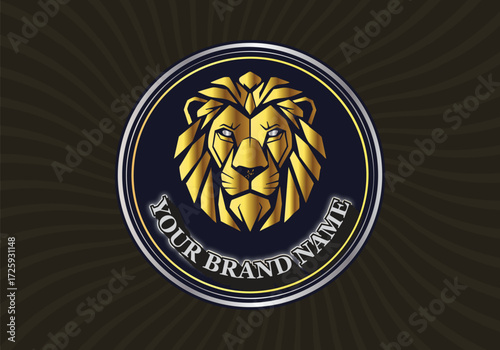 Luxury Golden Lion Head Logo Emblem with Metallic Rings and Elegant Banner Design for Premium Brand Identity