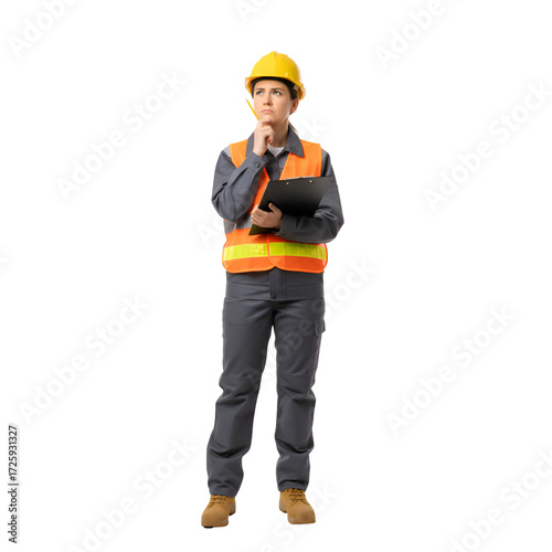 Contemplative Construction Worker 2026: Safety Vest, Hard Hat, Project Planning 2026, 2026 Problem Solving on white background