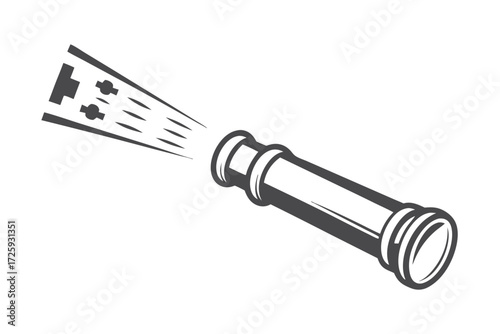 Single cannon emitting projectiles on a clean white backdrop in simple black and white style