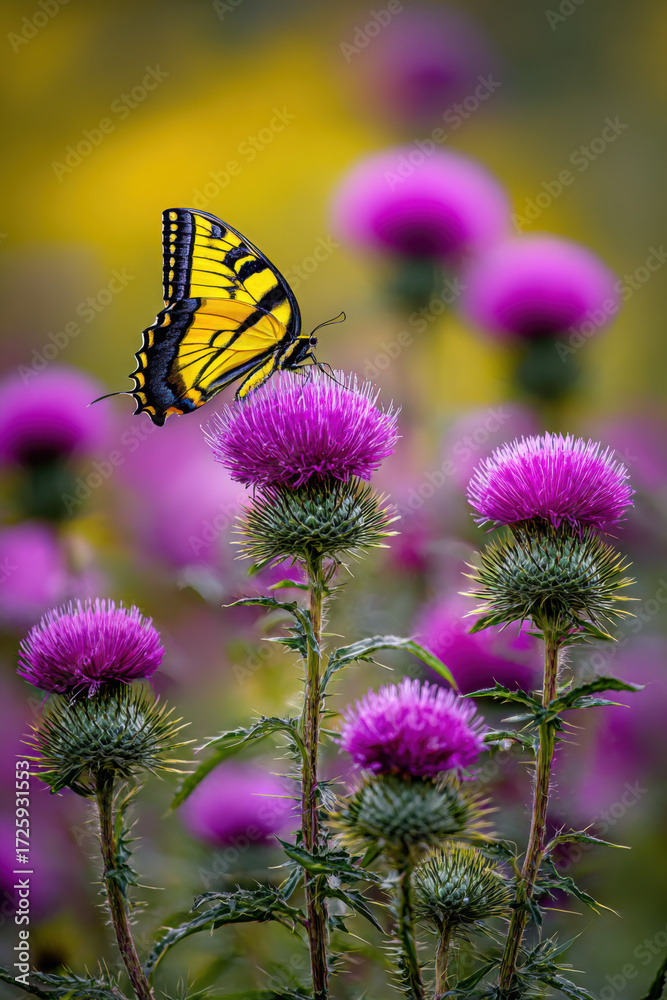 Fototapeta premium Bright yellow butterfly lands on vibrant purple thistle flowers in a sunny field during late springtime