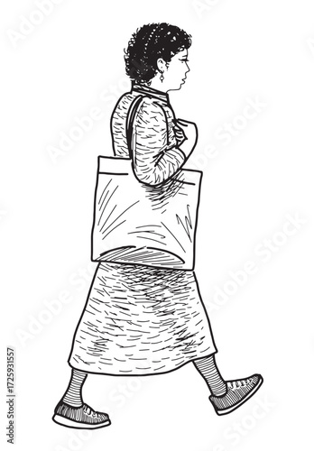 One casual modern city woman with bag walking outdoors, profile view, sketch, contour realistic hand drawing, vector illustration