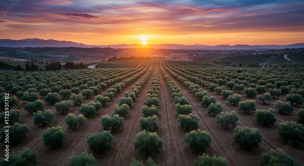 Obraz premium Golden Sunset Over Mediterranean Olive Grove