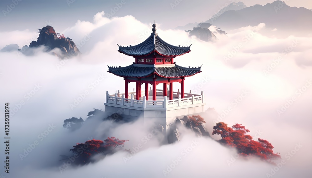 Obraz premium Serene Asian Pavilion Cloaked in Mist Amidst Mountainous Landscape