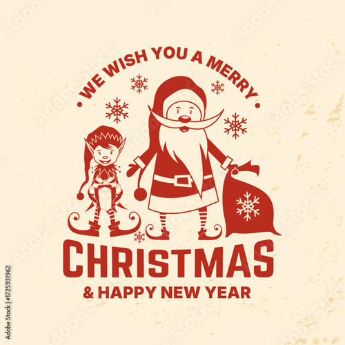 We wish you a very Merry Christmas and Happy New Year stamp, sticker set with trees, Santa and Elf. Vector. Vintage typography design for xmas, new year emblem in retro style