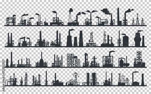 Industrial skyline with factories, smokestacks, and oil rigs during day