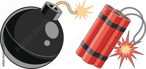 Explosive icons front view, cartoon black bomb red dynamite bundle with fuse spark, danger symbol, detonation vector illustration design
