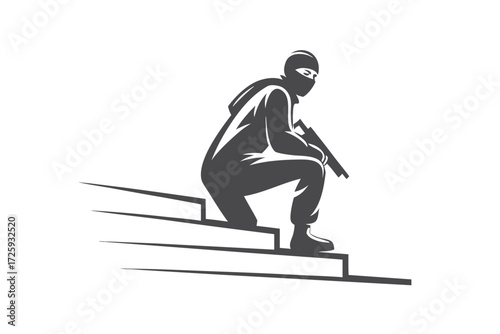 Soldier wearing balaclava squats on stairs, holding weapon, creating monochrome silhouette against bright backdrop