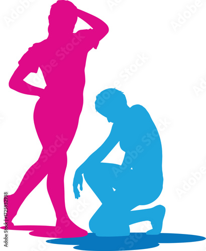 Colorful human silhouettes, magenta cyan contrast, dynamic pose vector, abstract figure design, expressive posture, modern style, isolated, minimal, vibrant, bold