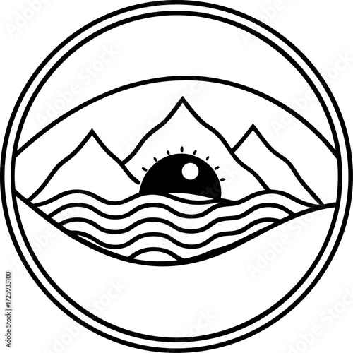 Eye reflecting mountains and waves illustration on transparent background