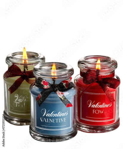 Set of scented candles in glass jars with Valentine’s design isolated on transparent background for romantic decor