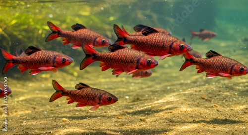 Vibrant school of cherry barbs swimming gracefully in freshwater habitat