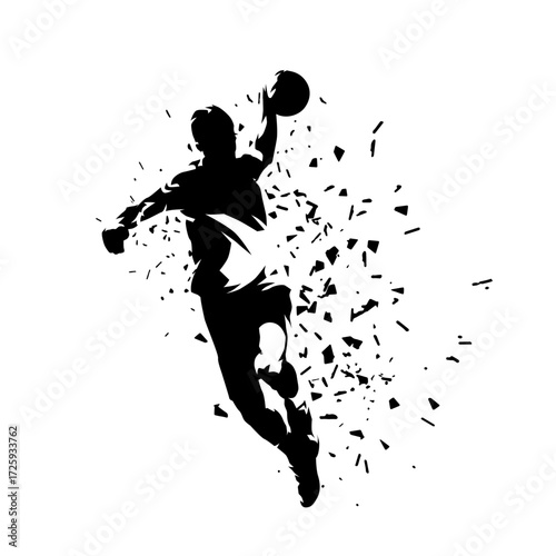 Handball player throwing ball and scoring goal, ink drawing isolated vector silhouette, front view