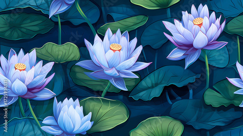 Blue Lotus Flowers with Lily Pads in the Background