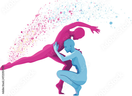 Dance, support, balance, artistic, silhouette, acrobat, motion, energy, colorful, pose, teamwork, performance, abstract, dynamic, pink, blue, spray, particles, human, expression