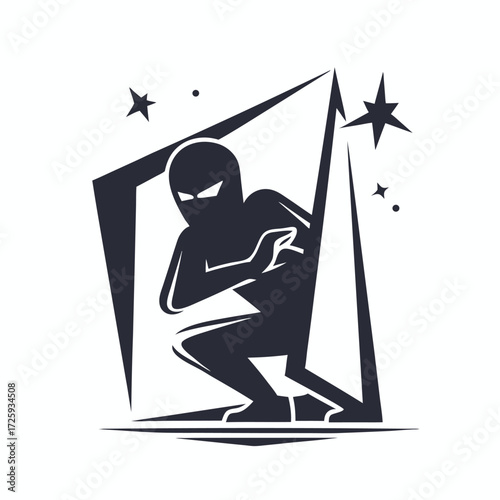 Stealthy shadowy figure peers from geometric frame amidst stars, suggesting mystery and intrigue