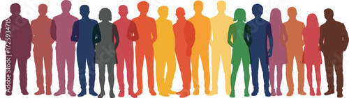 Diverse human silhouettes, rainbow gradient figures, inclusive community, unity concept, colorful vector illustration, equality symbol, social representation, standing group, vibrant design
