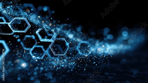 abstract blue glowing hexagons and particles flowing in dark background