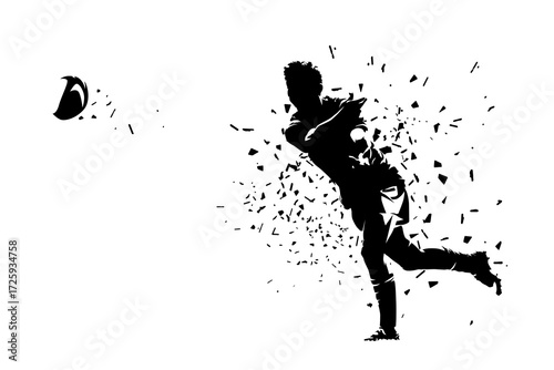 Rugby player passing ball, ink drawing. Abstract isolated silhouette, team sport athlete