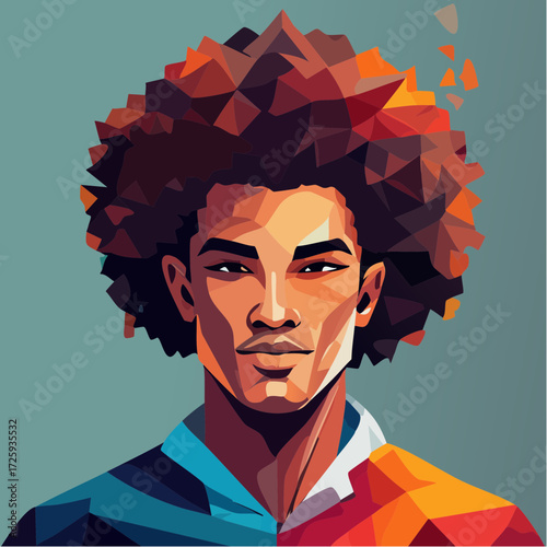 A vibrant low poly portrait of a smiling African American man with a prominent afro hairstyle. This modern, stylized vector graphic exudes confidence and joy
