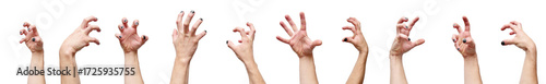 Afraid halloween zombie hand, tight fingers, collection isolated on white background.