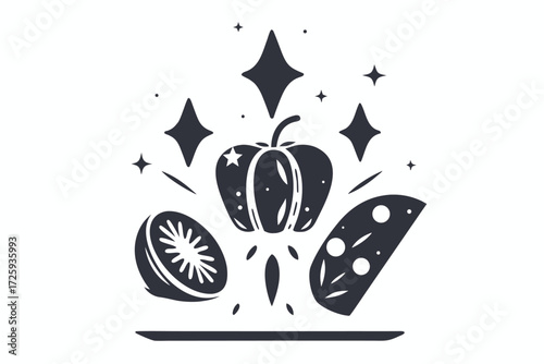 Stylized fruit and vegetable arrangement emits star light above a platter